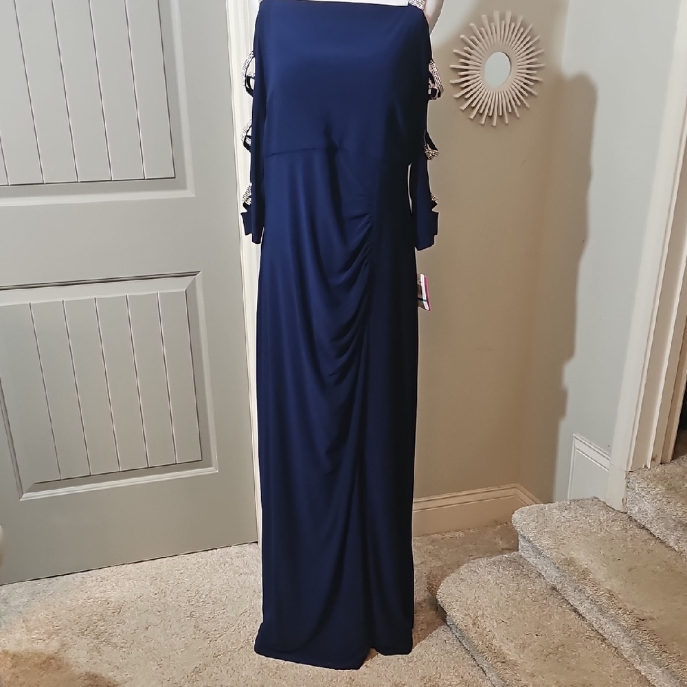 MSK Navy Cold-Shoulder Ruched Formal Gown